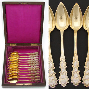 Antique French Vermeil Silver 12pc Teaspoon Set, 2-Tone Silver & Gold, Rosewood Box