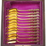 Antique French Vermeil Silver 12pc Teaspoon Set, 2-Tone Silver & Gold, Rosewood Box