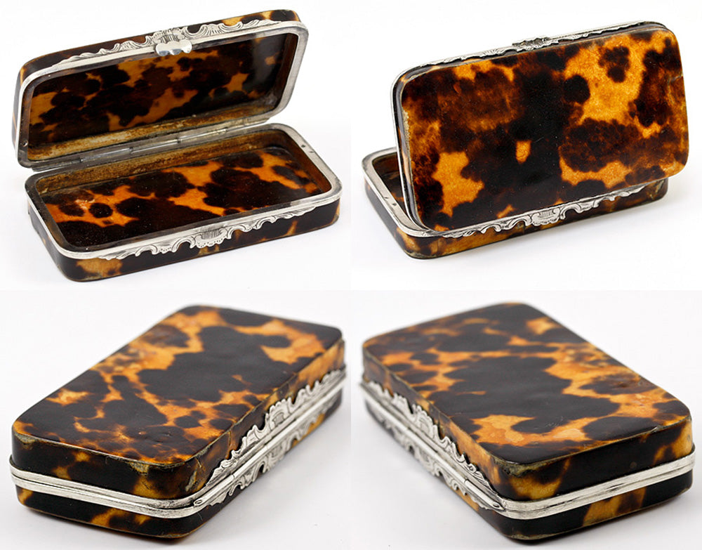 Antique French Sterling Silver & Tortoise Shell Table Snuff Box, Etui