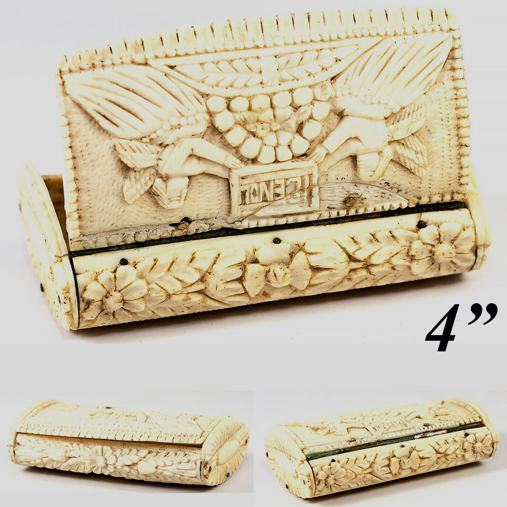 Rare Antique Hand Carved Bone Napoleon Era Snuff Box 4" Long, c. 1800-1815, Prisoner of War