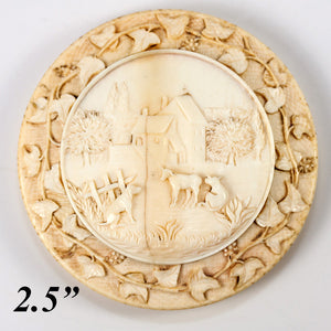 Rare 18th Century Carved Ivory French Snuff or Patch Box, Cows, Dog, Country Life, 1750s