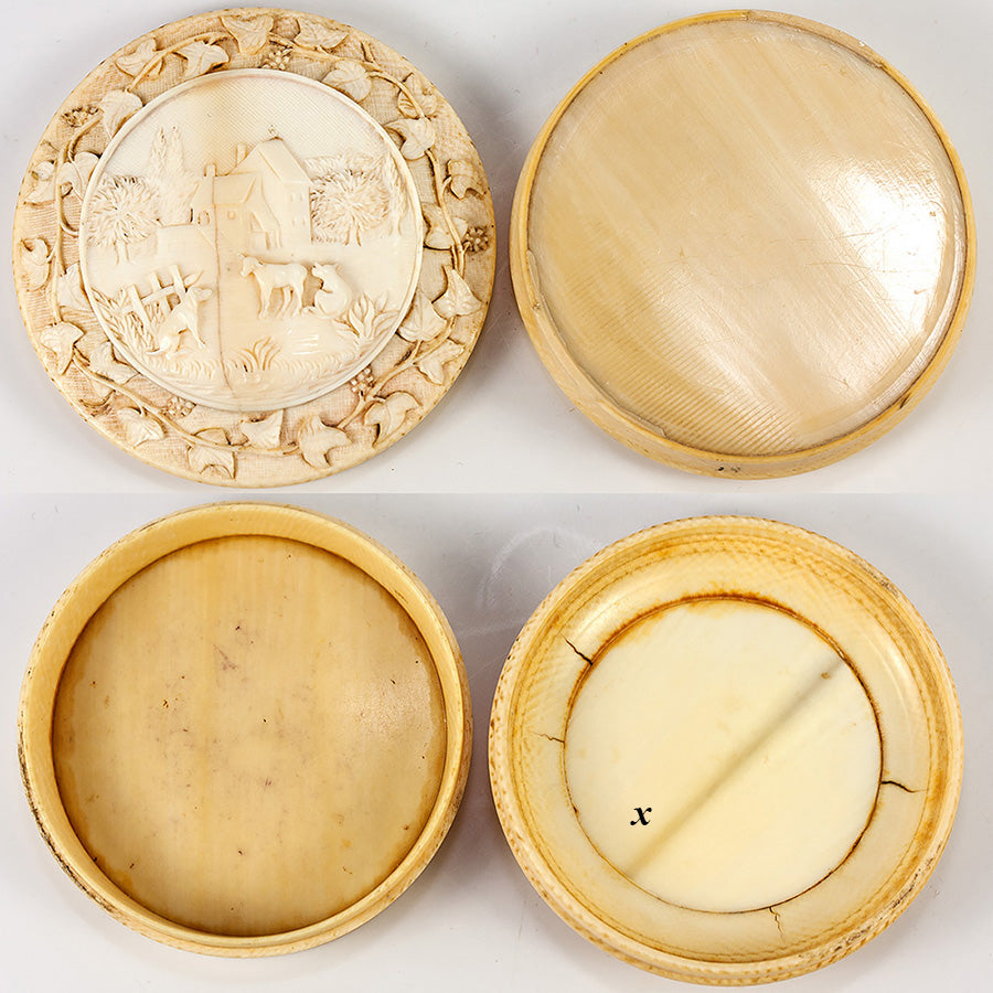 Rare 18th Century Carved Ivory French Snuff or Patch Box, Cows, Dog, Country Life, 1750s