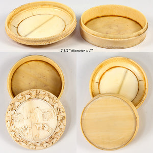 Rare 18th Century Carved Ivory French Snuff or Patch Box, Cows, Dog, Country Life, 1750s