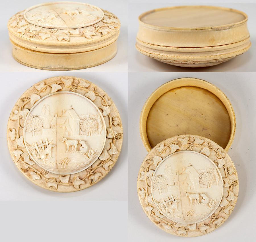 Rare 18th Century Carved Ivory French Snuff or Patch Box, Cows, Dog, Country Life, 1750s