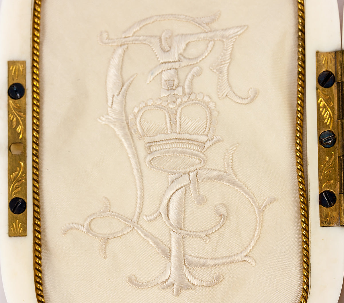 Fine Crown Monogram Silk Embroidery and Antique Ivory Carte de Visite Photo Case, c.1860s