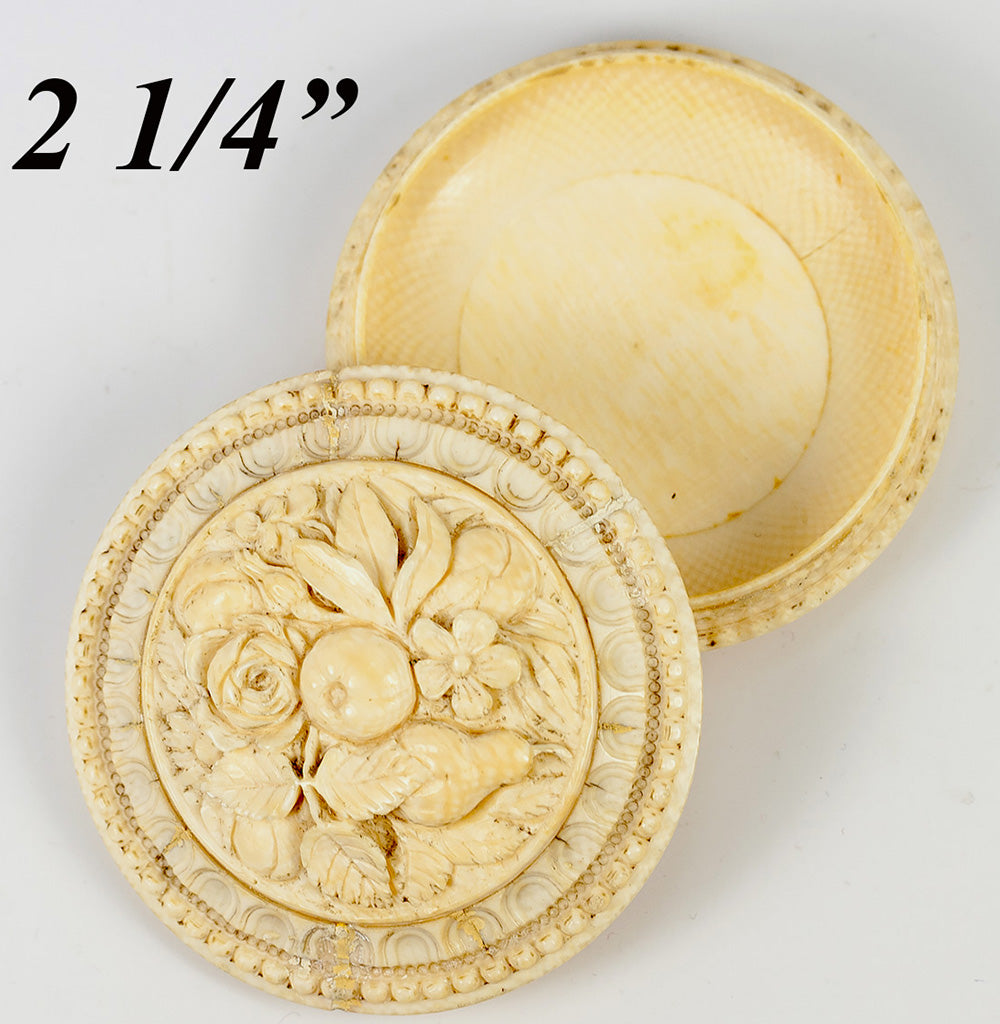 Antique French Dieppe Carved Ivory Patch or Snuff Box, Fruit and Flowers, c.1700s