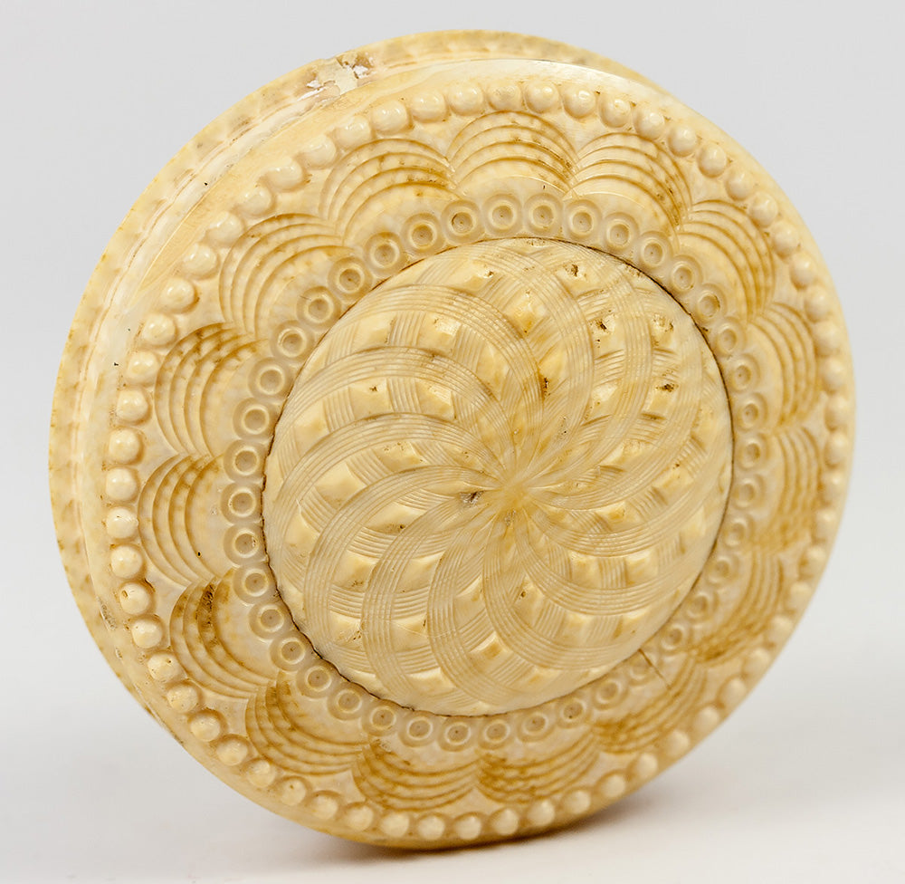 Antique French Dieppe Carved Ivory Patch or Snuff Box, Fruit and Flowers, c.1700s