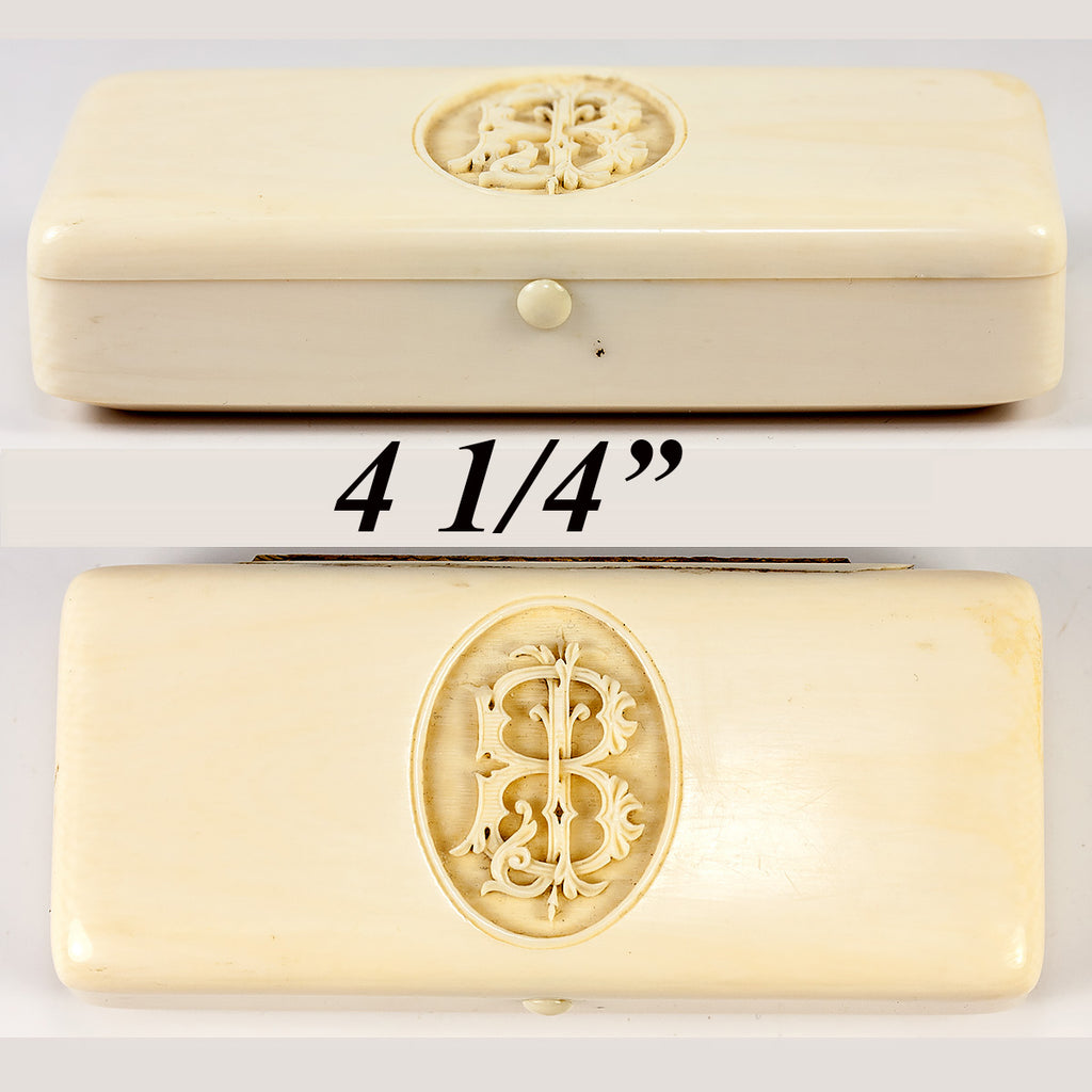 Elegant 19th Century French Carved Ivory Vanity or Snuff Box 4 1/4" Long, Monogram B J