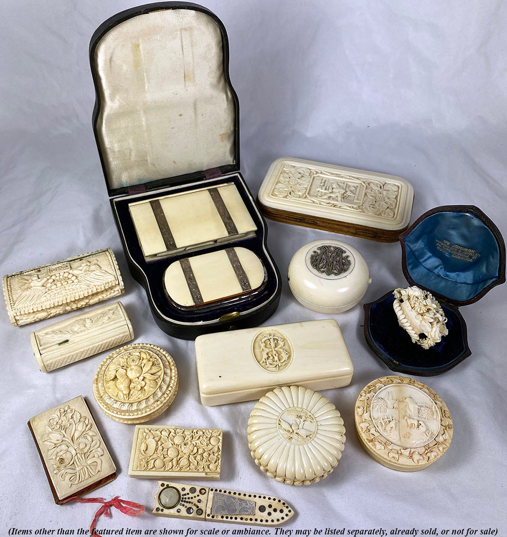 Elegant 19th Century French Carved Ivory Vanity or Snuff Box 4 1/4" Long, Monogram B J