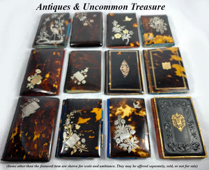 Antique 4" x 3" French Tortoise Shell Card Case, Accordion-pleat Interior, Silver Butterfly, Floral