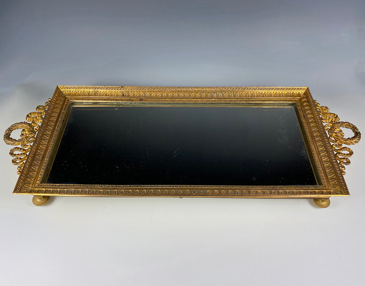 Antique French Baccarat Dore Bronze Mirror Vanity or Perfume Tray, Liqueur Plateau, 12.75" Long
