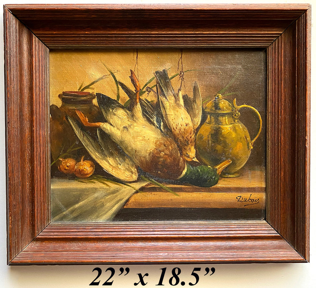 Antique French Oil Painting, Signed Dubois, "Nature Morte" Still Life with Duck, Game at Table