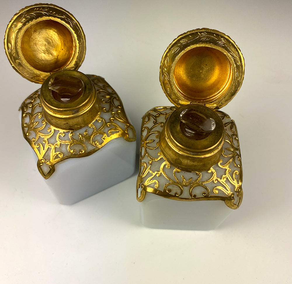 Antique French Opaline 3" Tall Scent Bottle Pair, Grand Tour Eglomise Scenes of Paris, Perfume