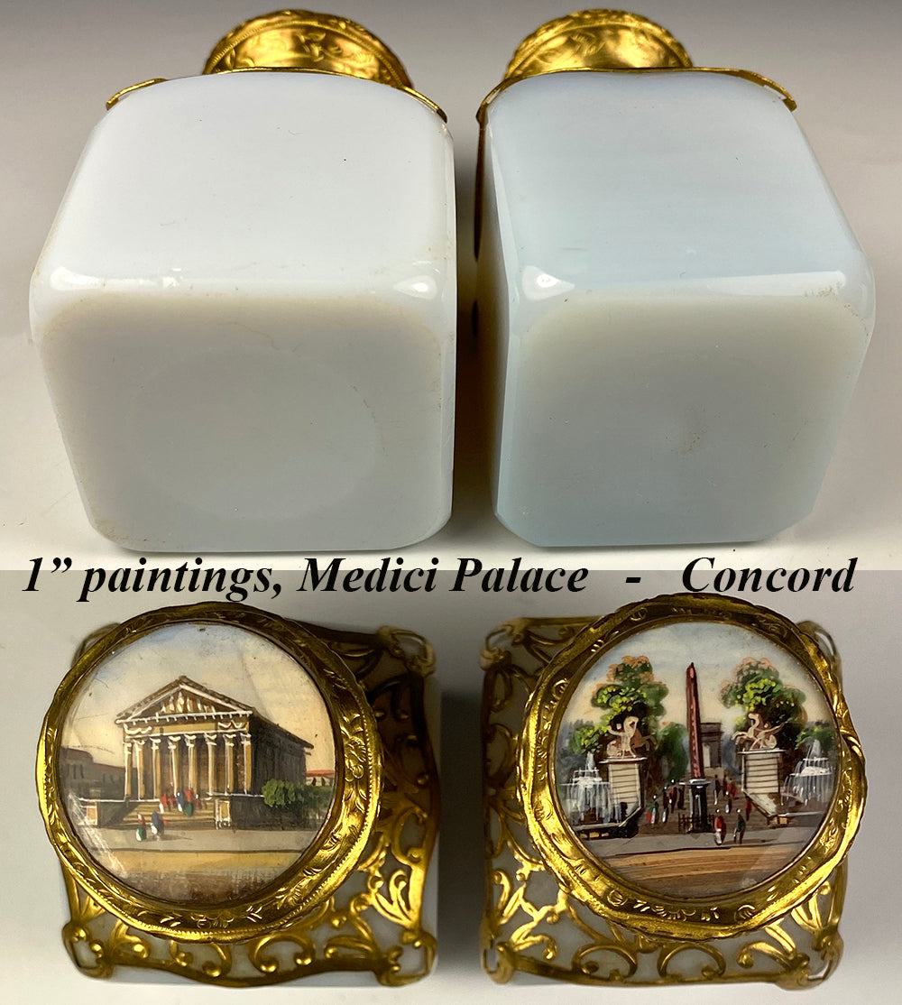 Antique French Opaline 3" Tall Scent Bottle Pair, Grand Tour Eglomise Scenes of Paris, Perfume