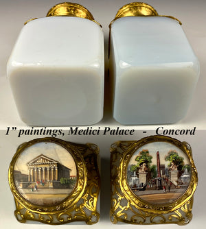 Antique French Opaline 3" Tall Scent Bottle Pair, Grand Tour Eglomise Scenes of Paris, Perfume