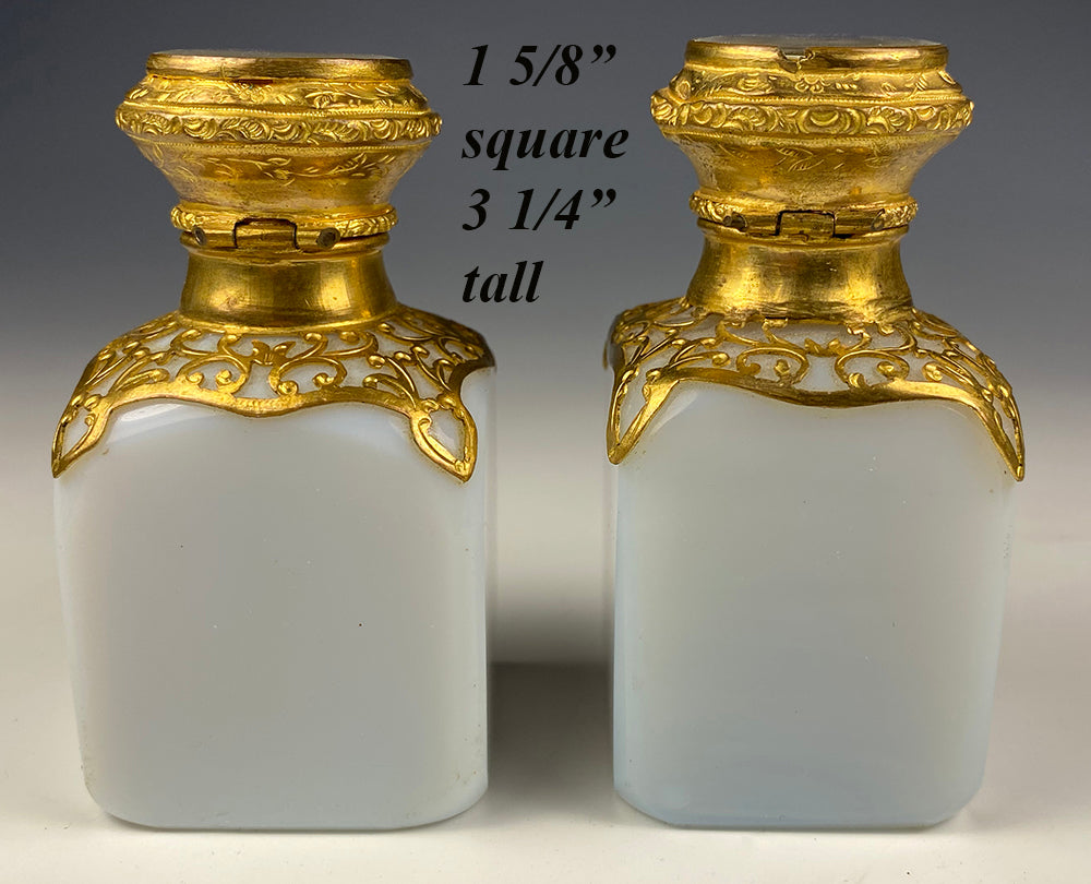 Antique French Opaline 3" Tall Scent Bottle Pair, Grand Tour Eglomise Scenes of Paris, Perfume