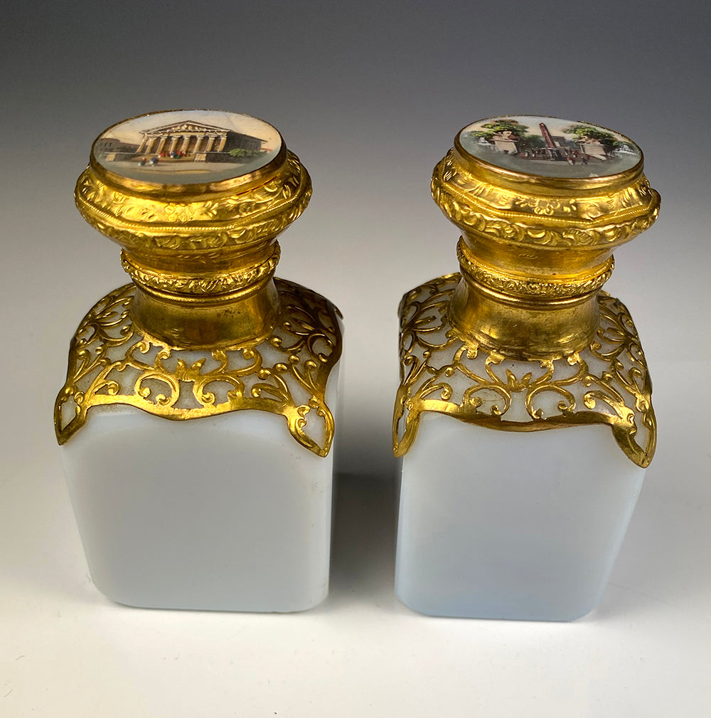 Antique French Opaline 3" Tall Scent Bottle Pair, Grand Tour Eglomise Scenes of Paris, Perfume