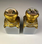 Antique French Opaline 3" Tall Scent Bottle Pair, Grand Tour Eglomise Scenes of Paris, Perfume