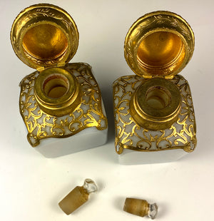 Antique French Opaline 3" Tall Scent Bottle Pair, Grand Tour Eglomise Scenes of Paris, Perfume