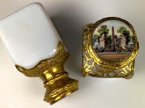 Antique French Opaline 3" Tall Scent Bottle Pair, Grand Tour Eglomise Scenes of Paris, Perfume