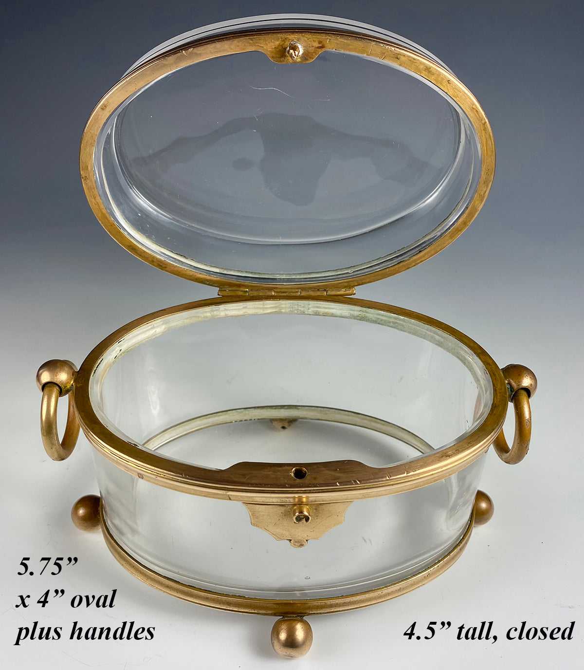 Antique French Baccarat Sugar Casket, Box, Jewelry Box 6" x 4" Oval, 4.5" Tall, plus Handles