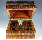 Antique French Leather Bound Book Hidden Bar, Cave á Liqueur, Caddy, Decanter and 4 Cups