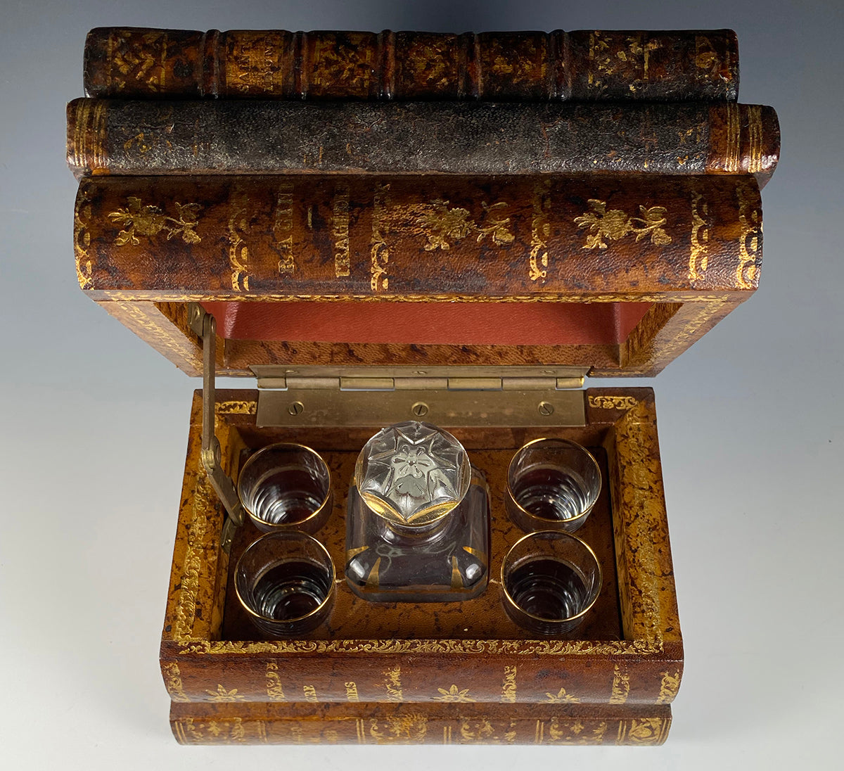 Antique French Leather Bound Book Hidden Bar, Cave á Liqueur, Caddy, Decanter and 4 Cups