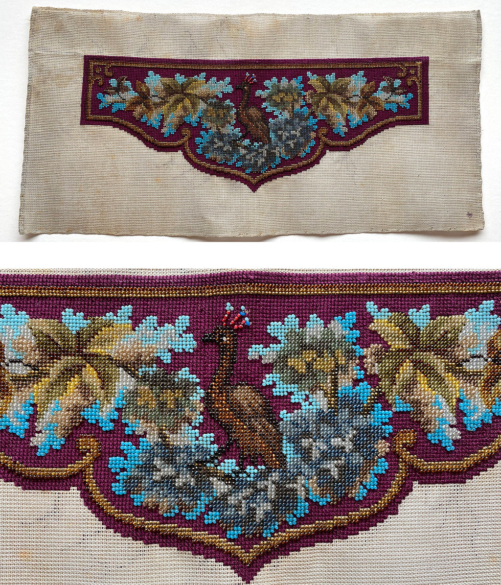 Antique Victorian Beadwork Needlepoint Panel, Pelmet w Peacock Make a Pillow