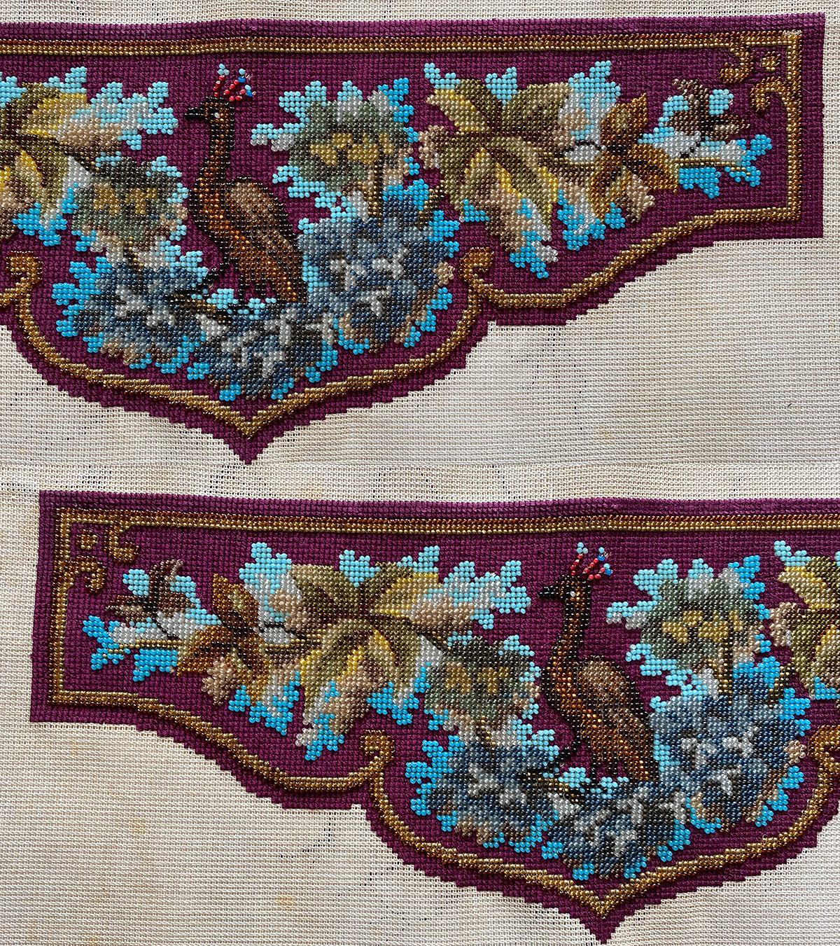 Antique Victorian Beadwork Needlepoint Panel, Pelmet w Peacock Make a Pillow