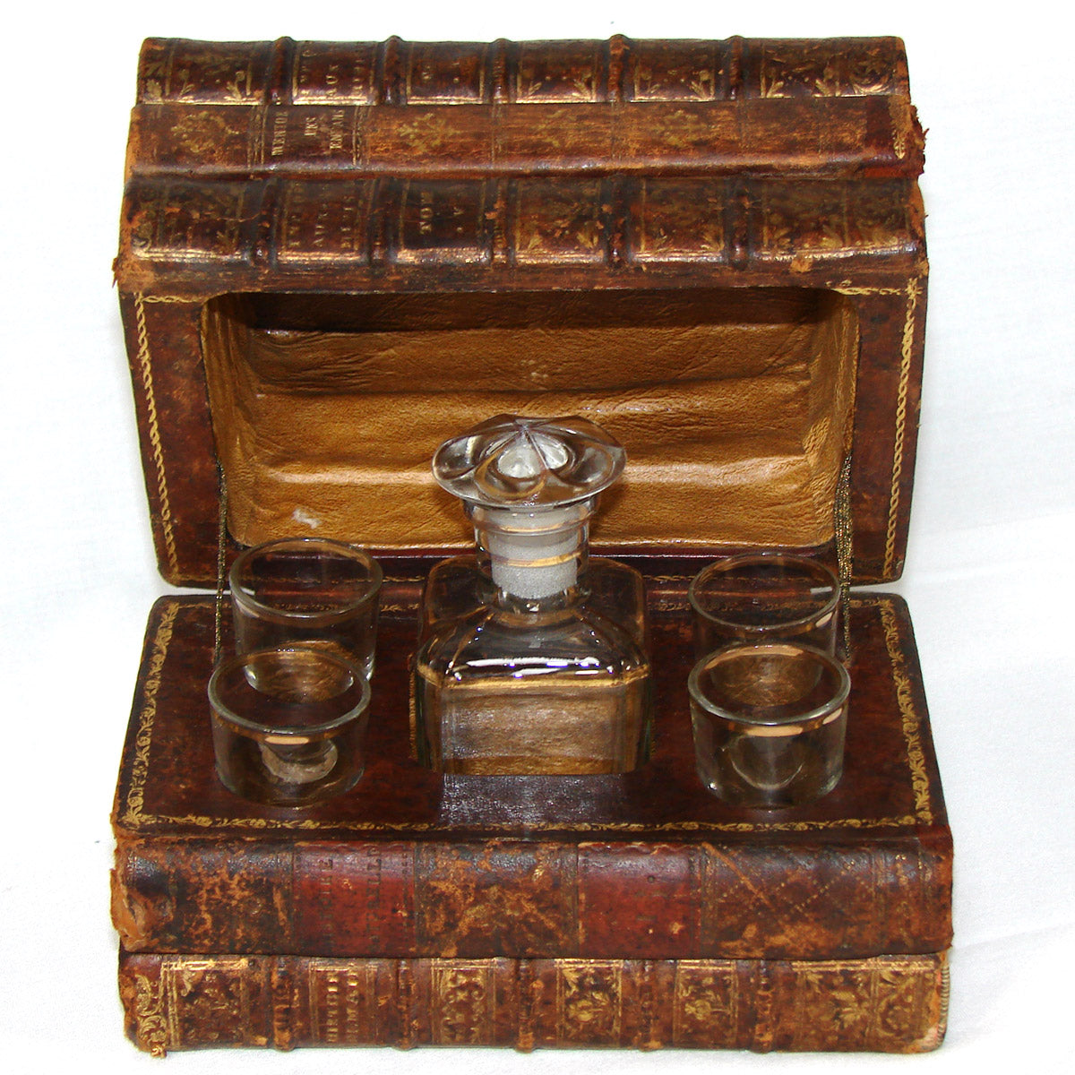 Antique French Leather Bound Book Hidden Bar, Cave á Liqueur, Caddy, Decanter and 4 Cups