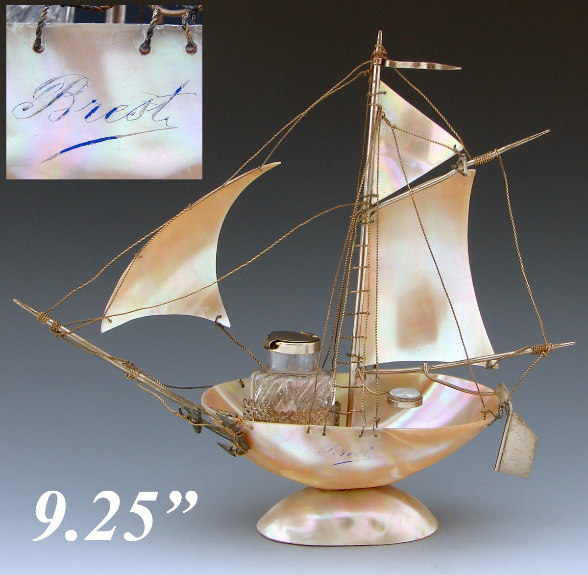 Antique 9.25" Mother of Pearl Shell Sail Boat Inkwell, Anchor & Compass: Souvenir of Brest, France