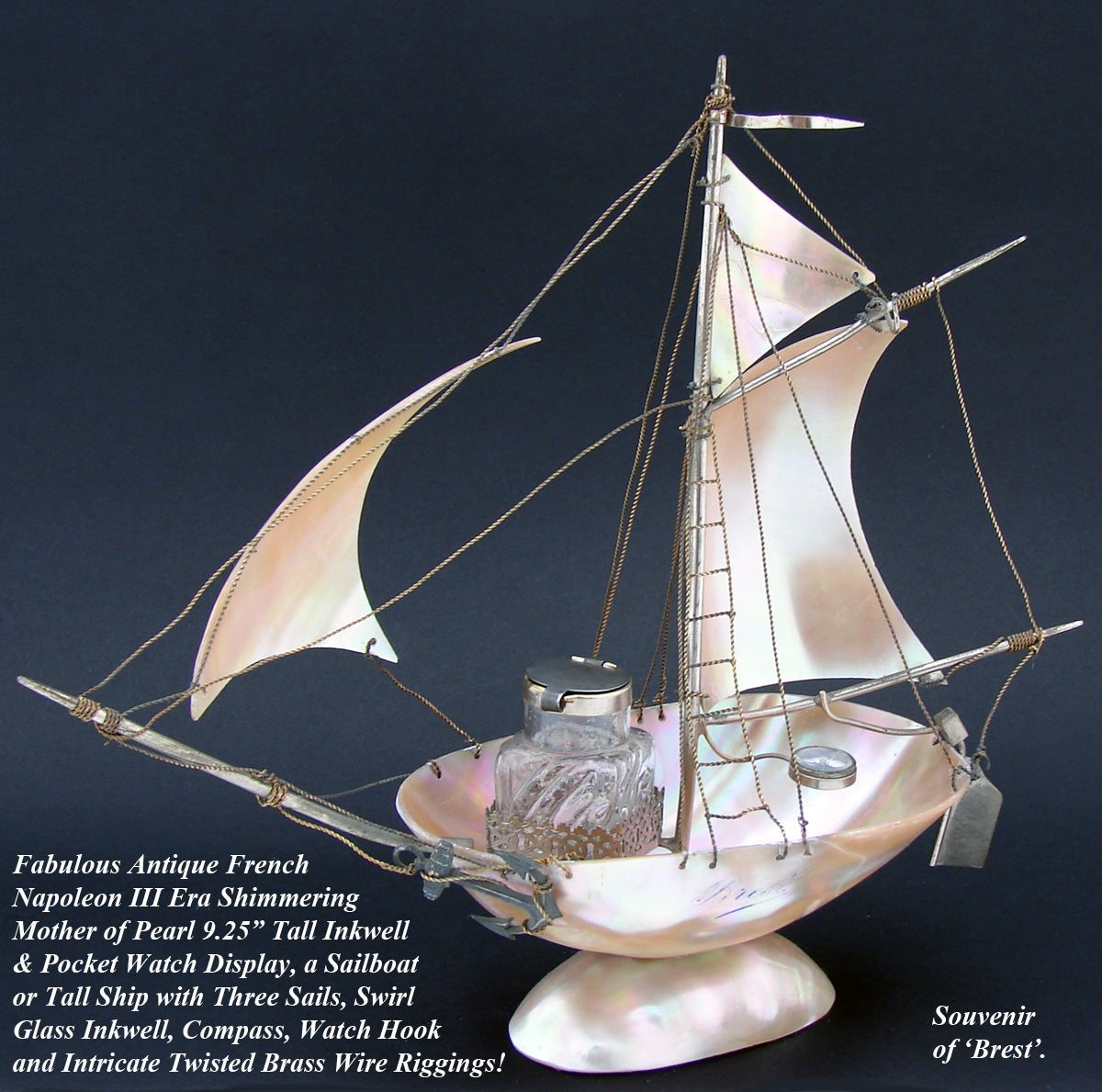 Antique 9.25" Mother of Pearl Shell Sail Boat Inkwell, Anchor & Compass: Souvenir of Brest, France