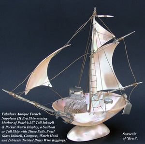 Antique 9.25" Mother of Pearl Shell Sail Boat Inkwell, Anchor & Compass: Souvenir of Brest, France