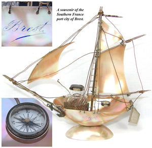 Antique 9.25" Mother of Pearl Shell Sail Boat Inkwell, Anchor & Compass: Souvenir of Brest, France