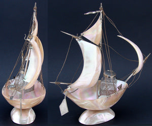 Antique 9.25" Mother of Pearl Shell Sail Boat Inkwell, Anchor & Compass: Souvenir of Brest, France