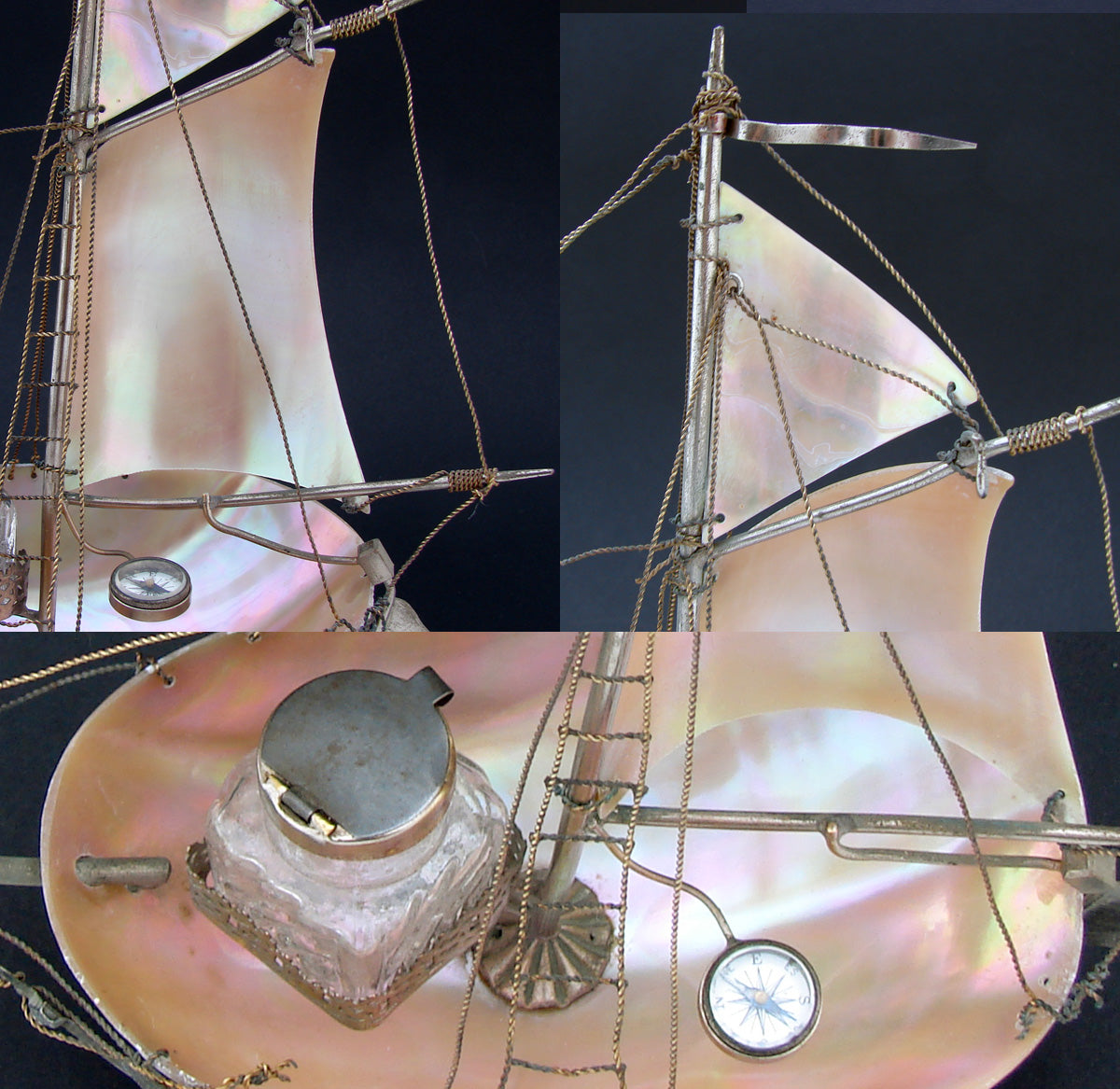 Antique 9.25" Mother of Pearl Shell Sail Boat Inkwell, Anchor & Compass: Souvenir of Brest, France