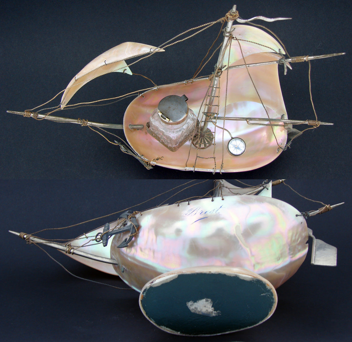 Antique 9.25" Mother of Pearl Shell Sail Boat Inkwell, Anchor & Compass: Souvenir of Brest, France