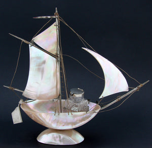 Antique 9.25" Mother of Pearl Shell Sail Boat Inkwell, Anchor & Compass: Souvenir of Brest, France