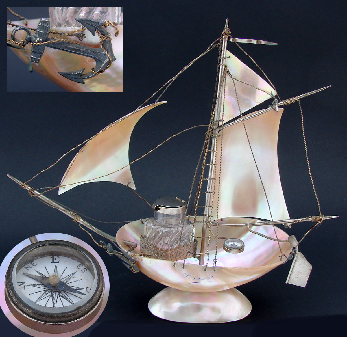 Antique 9.25" Mother of Pearl Shell Sail Boat Inkwell, Anchor & Compass: Souvenir of Brest, France