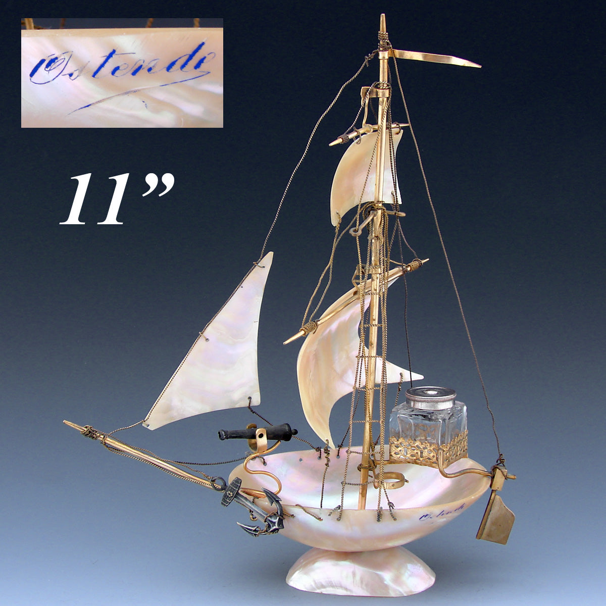 Antique 11" Mother of Pearl Shell Sail Boat Inkwell, Anchor & Canon: Souvenir of Ostende, France