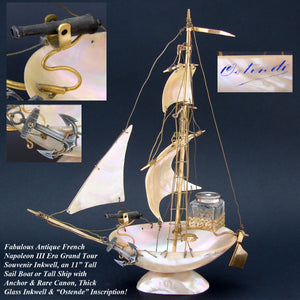 Antique 11" Mother of Pearl Shell Sail Boat Inkwell, Anchor & Canon: Souvenir of Ostende, France