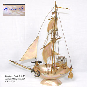 Antique 11" Mother of Pearl Shell Sail Boat Inkwell, Anchor & Canon: Souvenir of Ostende, France