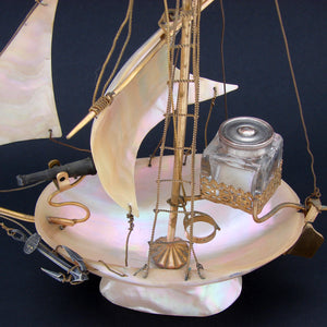 Antique 11" Mother of Pearl Shell Sail Boat Inkwell, Anchor & Canon: Souvenir of Ostende, France