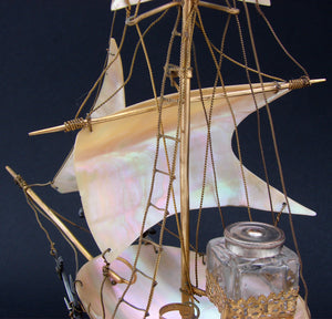 Antique 11" Mother of Pearl Shell Sail Boat Inkwell, Anchor & Canon: Souvenir of Ostende, France