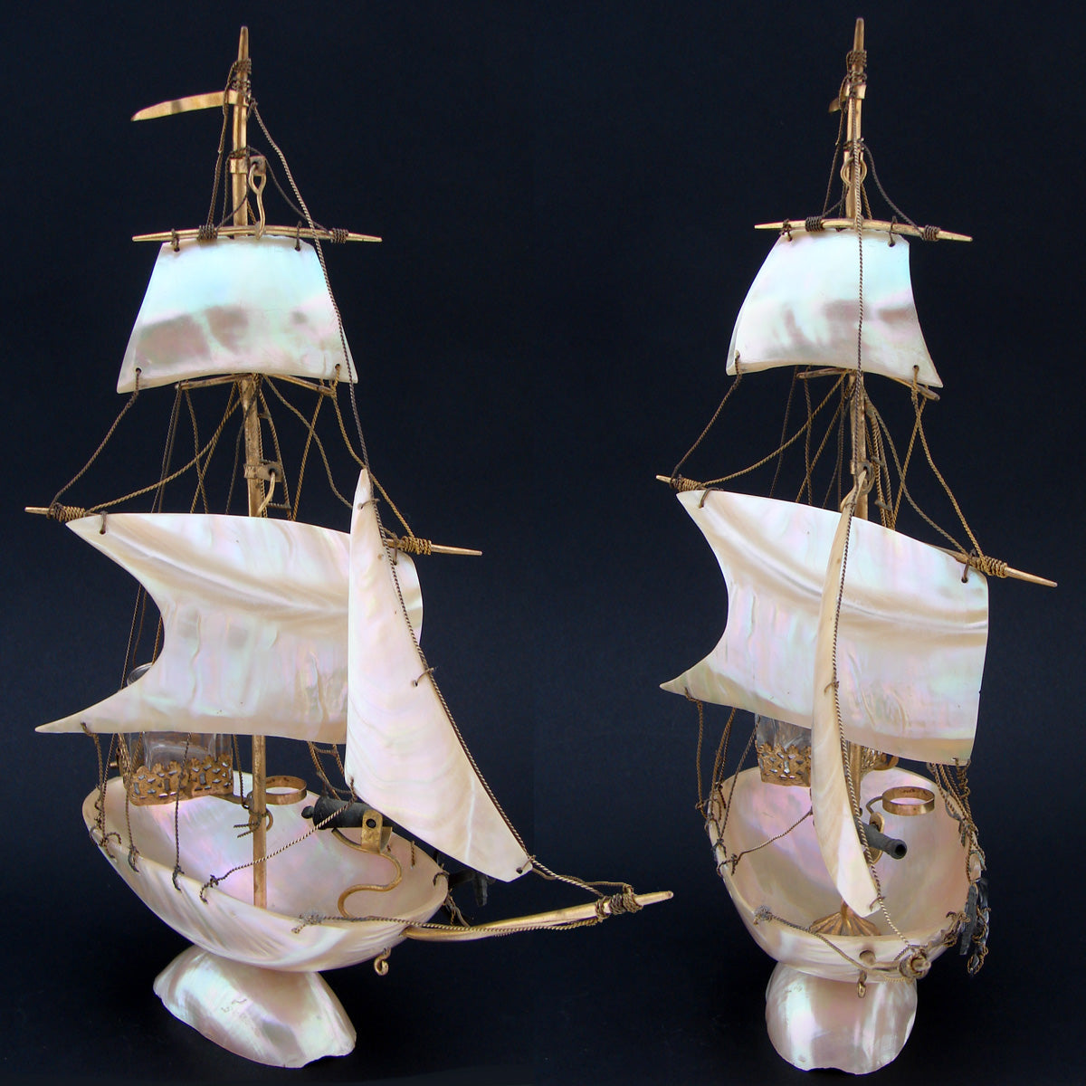 Antique 11" Mother of Pearl Shell Sail Boat Inkwell, Anchor & Canon: Souvenir of Ostende, France