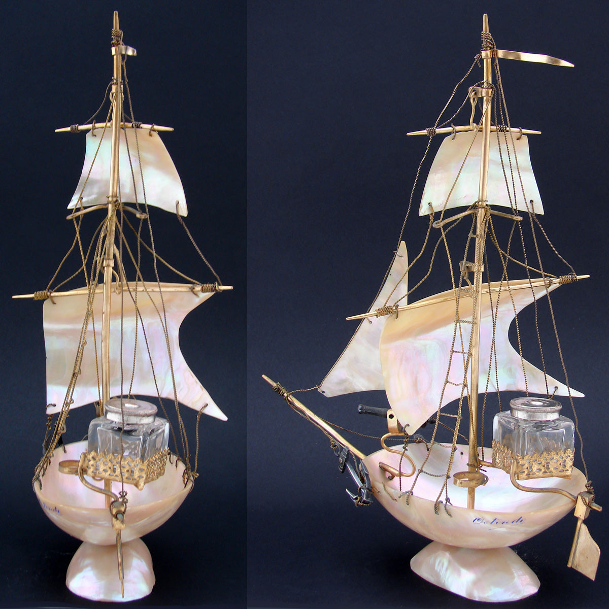 Antique 11" Mother of Pearl Shell Sail Boat Inkwell, Anchor & Canon: Souvenir of Ostende, France