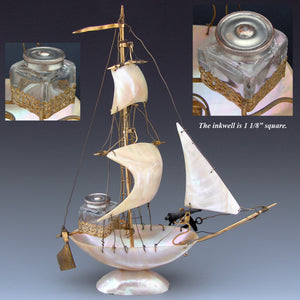 Antique 11" Mother of Pearl Shell Sail Boat Inkwell, Anchor & Canon: Souvenir of Ostende, France