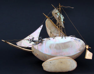 Antique 11" Mother of Pearl Shell Sail Boat Inkwell, Anchor & Canon: Souvenir of Ostende, France