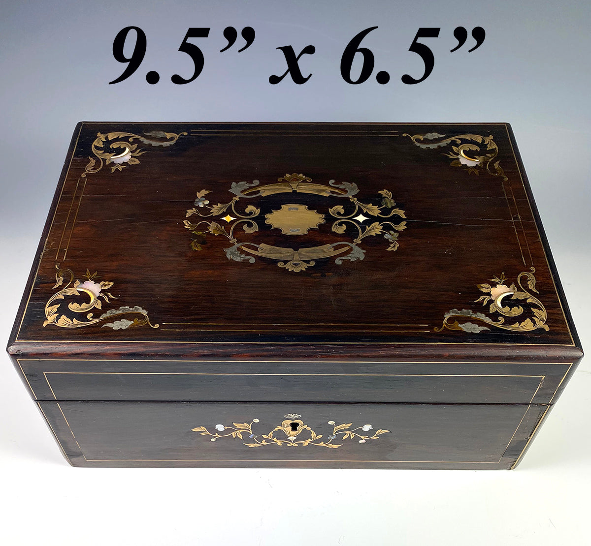 Antique French Boulle and Rosewood Jewelry Box, Casket, Inlay Mother of Pearl, Silver, Brass