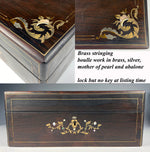 Antique French Boulle and Rosewood Jewelry Box, Casket, Inlay Mother of Pearl, Silver, Brass